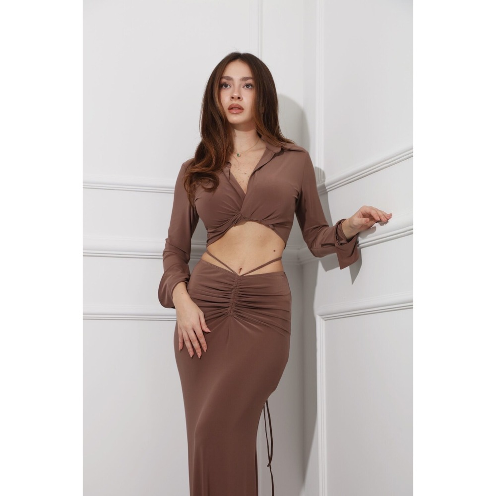 Micas Brown 2-Piece Set Long Sleeve Crop Top Maxi Skirt Ruched Slinky size M